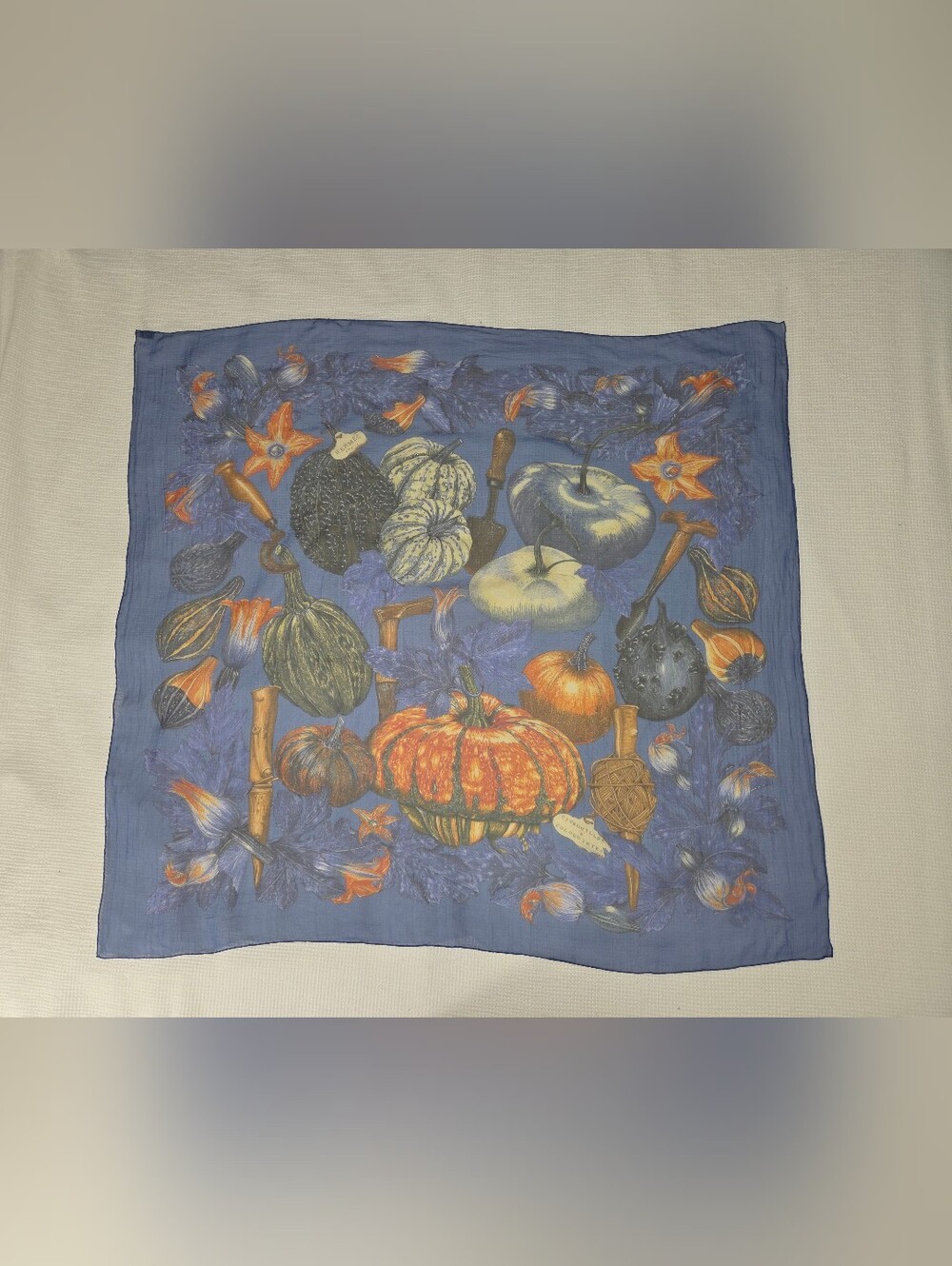 Hermes Blue and Orange Pumpkin Motif Silk Scarf